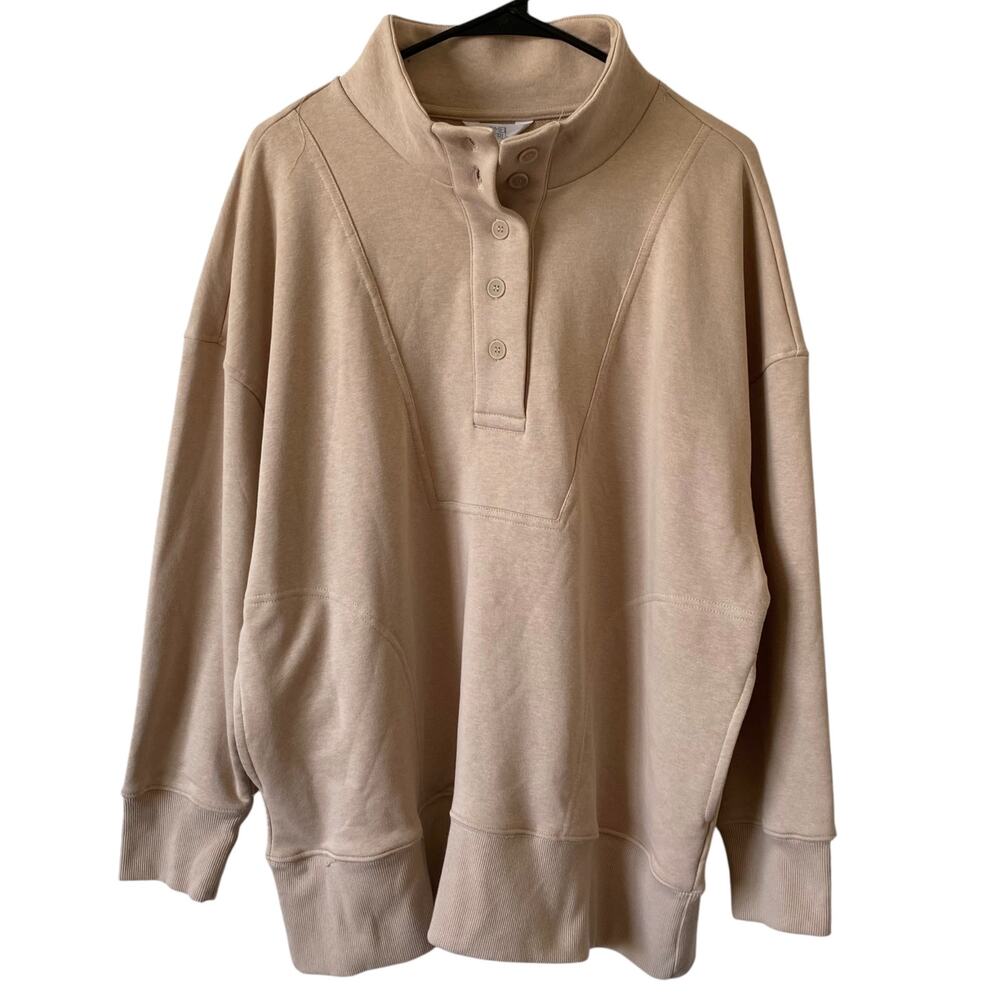 NEW TIME & TRU Quarter Button Pullover Sweater Tan Size XL Pockets Long Sleeve